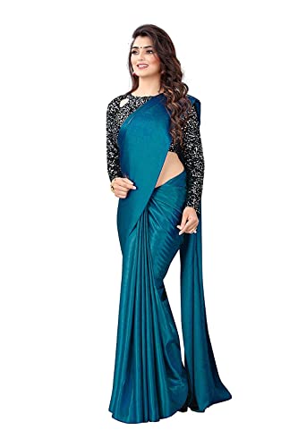 Aashita Creations Damen Satin Seide Saree mit voller Sequenz Bluse Piece_1016, pfau, One size von Generic