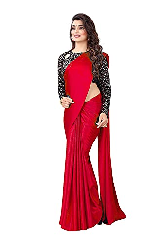 Aashita Creations Damen Satin Seide Saree mit voller Sequenz Bluse Piece_1016, rot, One size von Generic