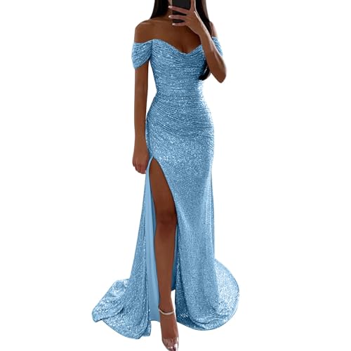 Generic Abendkleid Damen, Abendkleid Damen Lang Schulterfrei Glitzer Maxi Kleid Ballkleid mit Schlitz Pailletten Elegant Glitzerkleid Cocktailkleid Damen Ärmellos Brautjungfernkleider Partykleid von Generic