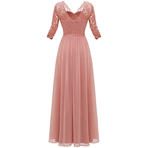 Abendkleid Damen, Kleid Damen Elegant Spitze Abendkleid Spitze V-Ausschnitt Brautjungfernkleider Ballkleid Bodenlang Langarm Cocktailkleid Italienische Mode Damen Cocktailkleider (Rosa,M) von Generic