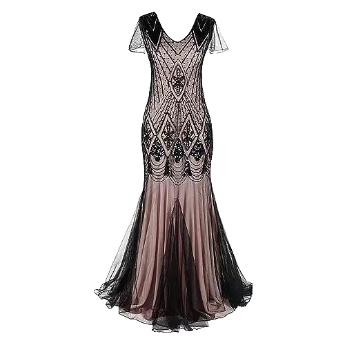 Abendkleid Damen 1920er Jahre Great Gatsby Kleid Damen Hochzeitskleid mit Pailletten Quaste Partykleid V-Ausschnitt Ärmellos Gatsby Abendkleid Festlich Ballkleid mit Quaste(YA Rosa,3XL) von Generic