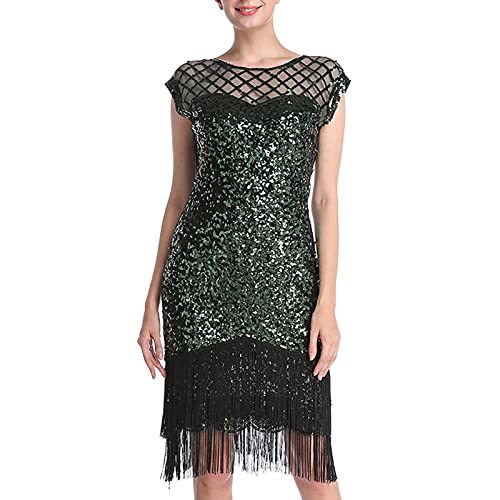 Abendkleid Damen 1920er Jahre Great Gatsby Kleid Damen Hochzeitskleid mit Pailletten Quaste Partykleid V-Ausschnitt Ärmellos Gatsby Abendkleid Festlich Ballkleid mit Quaste(Ya A,M) von Generic