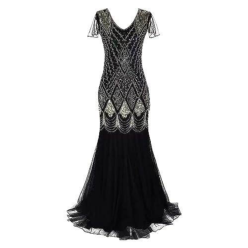 Abendkleid Damen 1920er Jahre Great Gatsby Kleid Damen Hochzeitskleid mit Pailletten Quaste Partykleid V-Ausschnitt Ärmellos Gatsby Abendkleid Festlich Ballkleid mit Quaste(Ya Gold,3XL) von Generic
