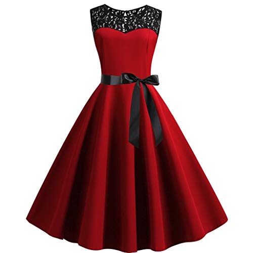 Abendkleid Damen 50S Retro Einfarbig Rockabilly Swing Kleid Elegant Rundhals Ärmellos Spitzen Spleißen Schwingen Kleid Faltenrock A-Line Petticoat Knielang Party Cocktailkleid(A Rot,L) von Generic