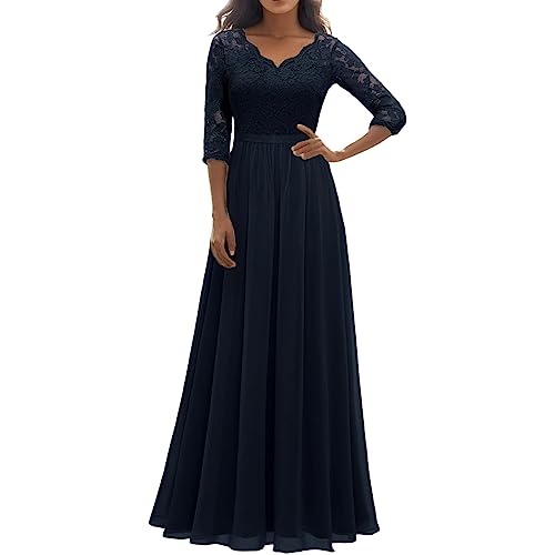 Abendkleid Damen Elegant, Cocktailkleid Damen Lang,Maxikleid Damen Sommer Kleid mit Spitze Brautjungfernkleider V Ausschnitt Plisseekleid Ballkleid Spitzenkleid 3/4 Arm Cocktailkleider von Generic