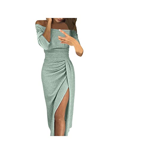 Abendkleid Damen Elegant Off Shoulder Bodycon Kleid Midilang Cocktailkleid 3/4 Ärmel Sexy Kleider mit Schlitz Vintage Abendkleider Glitzer Lang Wickelkleid Ballkleid Festlich Party Hochzeitsgäste von Generic