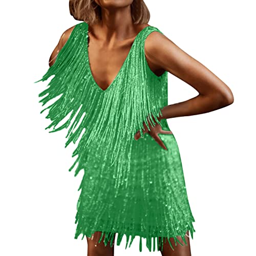 Abendkleid Damen Fransen Ballkleid Paillettenkleid Einfarbig Abschlusskleid Party Club Kleid Elegant Stretchy Glitzerkleid Quasten Cocktailkleid Kleider Hochzeit Fransenkleid (Grün, M) von Generic