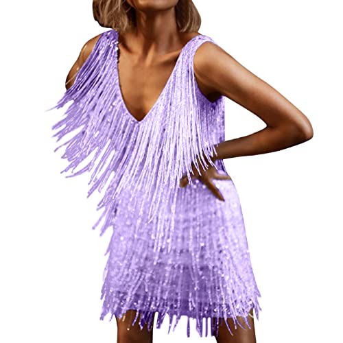 Abendkleid Damen Fransen Ballkleid Paillettenkleid Einfarbig Abschlusskleid Party Club Kleid Elegant Stretchy Glitzerkleid Quasten Cocktailkleid Kleider Hochzeit Fransenkleid (Violett, L) von Generic