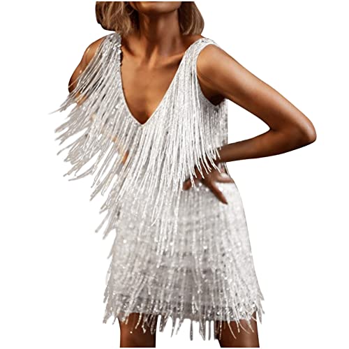 Abendkleid Damen Fransen Ballkleid Paillettenkleid Einfarbig Abschlusskleid Party Club Kleid Elegant Stretchy Glitzerkleid Quasten Cocktailkleid Kleider Hochzeit Fransenkleid (Weiß, S) von Generic