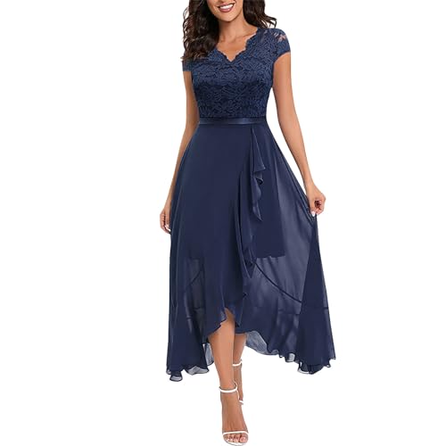 Abendkleid Damen Lang, Buisnesskleid Frauen V Ausschnitt Kurz Arm Abendkleid Spitze Split Cocktailkleider Abendkleid Lang Brautjungfernkleider Pailletten Rock Abschlusskleid Lang (Marine,XL) von Generic