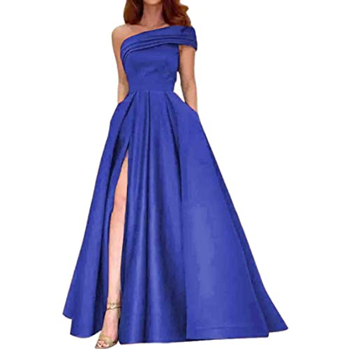 Abendkleid Damen Lang Ballkleider mit Taschen Schlitz Satin Ballkleid Abendkleider Backless Ärmellos A-Linie Cocktailkleid Große Größen Hochzeitskleider Elegant Abiballkleider Partykleid (Blue, M) von Generic