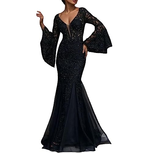 Abendkleid Damen Lang Bodycon Kleid Frauen Schwarz Spitzen Kleider Elegant Langarm Abendkleider V-Ausschintt Tüllkleider Fischschwanz Ballkleid Abend Partykleid Bodenlanges Cocktailkleider Midikleid von Generic