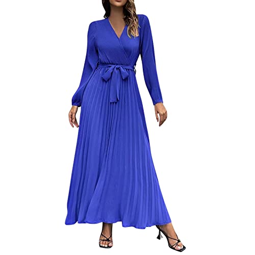Abendkleid Damen Lang Elegant V Ausschnitt Langarm Freizeitkleider Hohe Taille Maxikleid Casual Lose Einfarbig Faltenrock Langes Kleid Bodenlang Kleid Swing Kleid mit Gürtel(A Blau,L) von Generic
