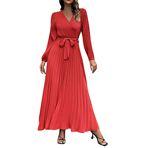 Abendkleid Damen Lang Elegant V Ausschnitt Langarm Freizeitkleider Hohe Taille Maxikleid Casual Lose Einfarbig Faltenrock Langes Kleid Bodenlang Kleid Swing Kleid mit Gürtel(A Rot,XL) von Generic