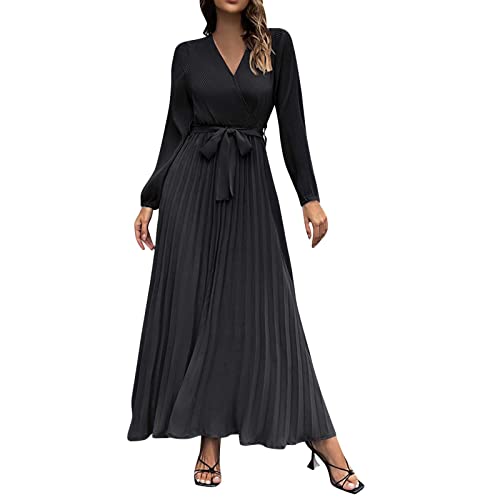 Abendkleid Damen Lang Elegant V Ausschnitt Langarm Freizeitkleider Hohe Taille Maxikleid Casual Lose Einfarbig Faltenrock Langes Kleid Bodenlang Kleid Swing Kleid mit Gürtel(A Schwarz,XL) von Generic