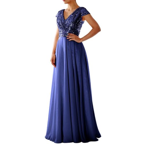 Abendkleid Damen Lang Glitzer Blau - Chiffonkleid Damen Festlich Lang Cocktailkleid Elegant Hochzeit Kleid Hochzeitsgast Chiffon Ärmellos Spitzenkleid Maxikleid Brautjungfer Pailletten Abendkleider von Generic