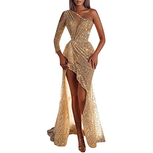 Abendkleid Damen Lang Gold - Sexy Glitzerkleid Curvy Partykleid Elegant Hochzeit Abendkleider Langarm Cocktailkleid Meerjungfrau Kleid One Shoulder Mit Schlitz Kleider Festlich Pailettenkleider von Generic