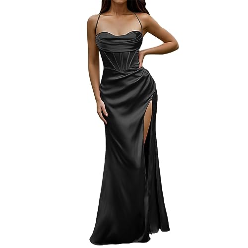 Abendkleid Damen Lang -Satin Kleid Damen Elegant Cocktailkleid Spaghetti Ballkleider mit Schlitz Hochzeitskleid Maxikleid Festliche Kleider Frauen Abendkleider Hochzeit Brautjungfernkleider von Generic