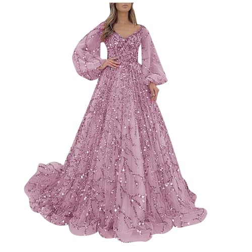 Abendkleid Damen Lang Vintage Kleider Große Größen Glitzer Kleid Elegant Langarm Abendkleider V Ausschintt Cocktailkleid Pailettenkleider Ballkleid Bodenlanges Cocktailkleider Midikleid von Generic