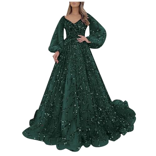 Abendkleid Damen Lang Vintage Kleider Große Größen Glitzer Kleid Elegant Langarm Abendkleider V Ausschintt Cocktailkleid Pailettenkleider Ballkleid Bodenlanges Cocktailkleider Midikleid von Generic