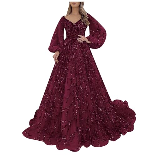Abendkleid Damen Lang Vintage Kleider Große Größen Glitzer Kleid Elegant Langarm Abendkleider V Ausschintt Cocktailkleid Pailettenkleider Ballkleid Bodenlanges Cocktailkleider Midikleid von Generic