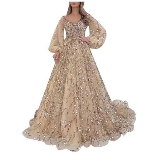Abendkleid Damen Lang Vintage Kleider Große Größen Glitzer Kleid Elegant Langarm Abendkleider V Ausschintt Cocktailkleid Pailettenkleider Ballkleid Bodenlanges Cocktailkleider Midikleid von Generic