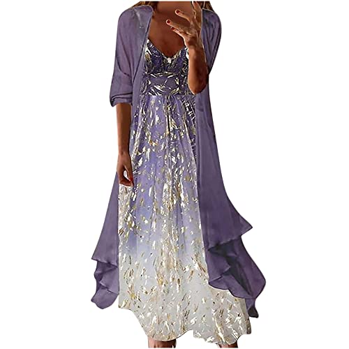 Abendkleid Elegant für Hochzeit Damen Spaghetti Maxikleid Trägerkleid Boho Blumendruck Langes Kleid mit Chiffon Jacke Zweiteiler Brautmutterkleid Ärmellos Partykleid Ballkleid Festlich Cocktailkleid von Generic