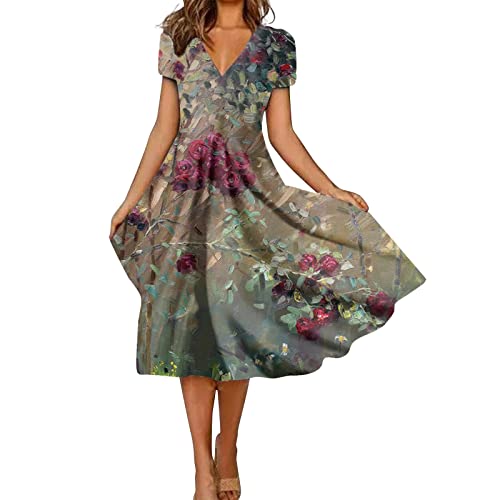 Abendkleid Lang Damen, Hippie Kleidung Kleider Für Hochzeitsgäste Knielang Damen Mode All Match Sommer Temperament V Ausschnitt Bedrucktes Kurzärmliges Kleid Kleider Spitze(Bronze,XXL) von Generic