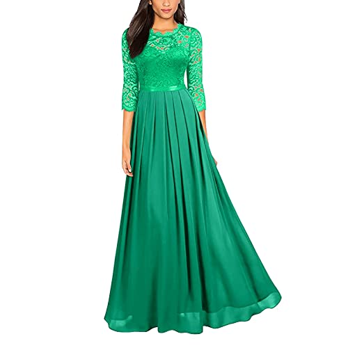 Abendkleid Lang Damen Elegant Cocktailkleid Rundhals Vintage Spitzenkleid Hochzeit Chiffon Ballkleid Bodenlanges Maxikleid Partykleid Einfarbig Brautkleid Hochzeitskleid Prinzessin Kleid mit Halbarm von Generic