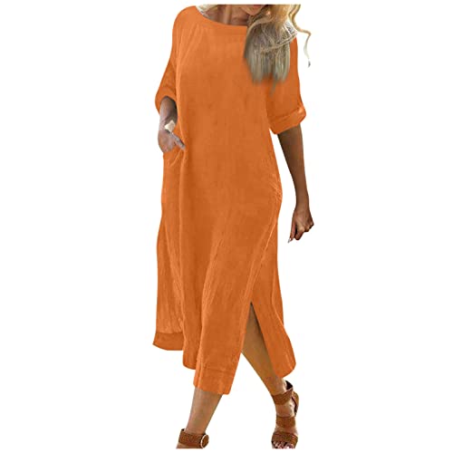 Abendkleid lang Maxikleider Damen Sommer Kleid lang Sommer Lässige Einfarbig Seitenschlitz Lange Ärmel Rundhalsausschnitt Midikleid rotes Kleid Damen (Orange, XXL) von Generic