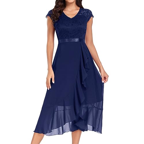 Abendkleider Damen Elegant Lange Ballkleider V-Ausschnitt Ärmellos Spitzenkleid Hohe Taille Cocktailkleid Frauen Festliches Kleid mit Rüschen Brautjungfernkleid Hochzeitskleider von Generic