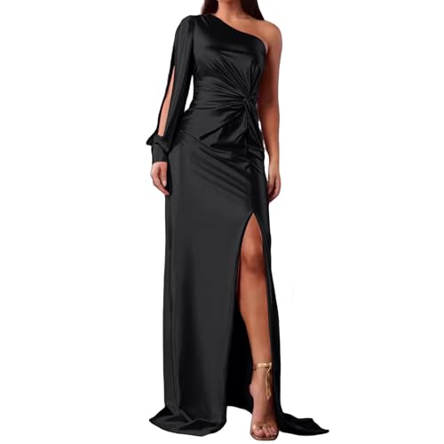 Abendkleider Damen Langen Ärmeln Formal Cocktailkleid One Shoulder Satin Prom Ballkleider Seitensplit Maxikleid A Line Evening Gowns Kleider(Schwarz,S) von Generic
