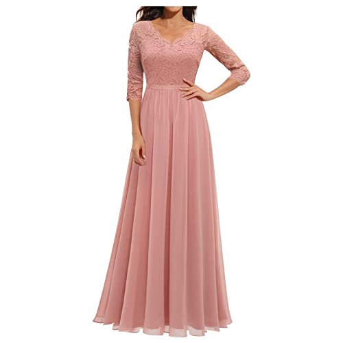 Abendkleider Elegant Für Hochzeit, Bodenlanges Kleid Damen Hochzeitsgast Outfit Spitze V-Ausschnitt Brautjungfernkleider Ballkleid Bodenlang Langarm Cocktailkleid Italienische (Rosa,M) von Generic