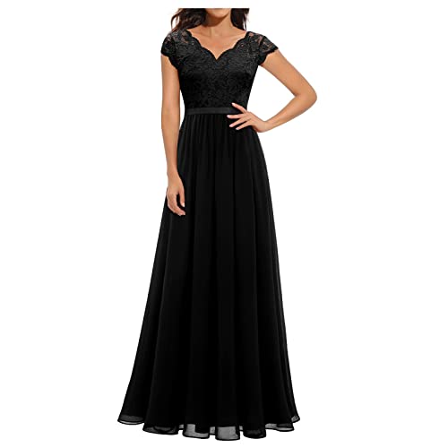 Abendkleider Elegant Für Hochzeit, Damen Kleider Elegant Brautkleider Hochzeitskleider Spitze V-Ausschnitt Brautjungfernkleider Ballkleid Bodenlang Langarm Cocktailkleid Trendyol (Schwarz,L) von Generic