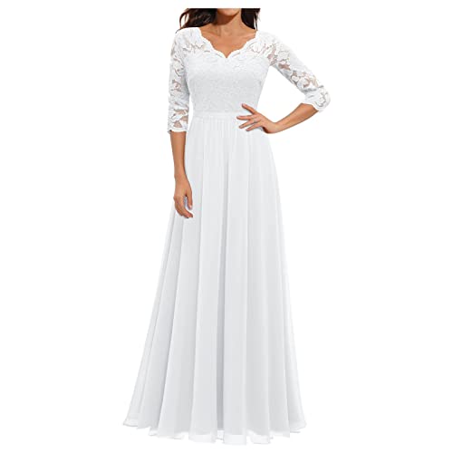 Abendkleider Elegant Für Hochzeit, Damen Kleider Elegant Maxikleid Hochzeitsgast Spitze V-Ausschnitt Brautjungfernkleider Ballkleid Bodenlang Langarm Cocktailkleid Curvy Mode (Weiß,M) von Generic