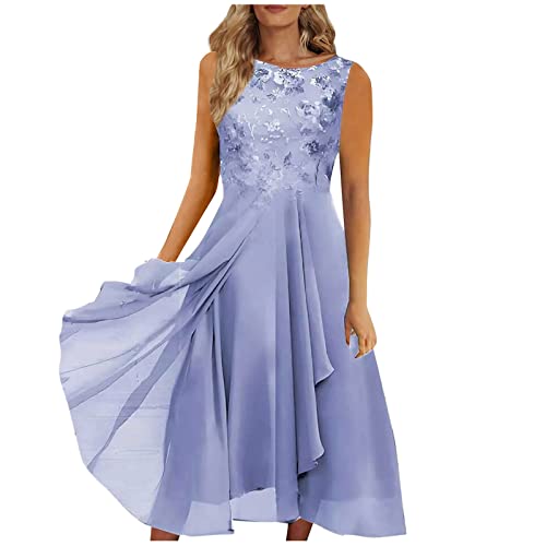 Abendkleider Elegant Für Hochzeit Damen,Chiffon Kleider A Linien Kleid Sommer Festliche Kleider Für Hochzeit Damen Chiffon Elegante Spitze Patchwork Ausgeschnittenes Brautjungfer (Violett,XL) von Generic