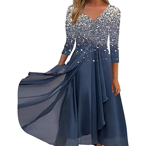 Abendkleider Elegant Lang Damen, Kleid Chiffon Elegante Spitze Patchwork Kleid Ausschnitt Langes Kleid Brautjungfer Abendkleid Sommerkleid Mit ärmel S-5XL von Generic