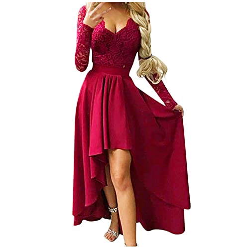 Abendkleider Frauen Spitzen Lang Partykleid V-Ausschnitt Langarm High Waist Unregelmäßiger Saum Bodenlang Ballkleid Vorne Kurz Hinten Cocktailkleid Eleganter Tunikakleid Wickelkleid von Generic
