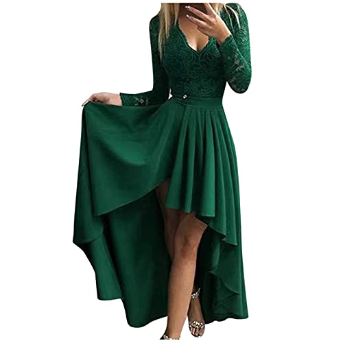Abendkleider Frauen Spitzen Partykleid V-Ausschnitt Langarm High Waist Unregelmäßiger Saum Bodenlang Ballkleid Vorne Kurz Hinten Lang Cocktailkleid Eleganter Tunikakleid Wickelkleid von Generic