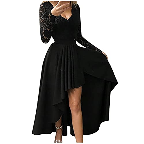 Abendkleider Frauen Spitzen Partykleid V-Ausschnitt Langarm High Waist Unregelmäßiger Saum Bodenlang Ballkleid Vorne Kurz Hinten Lang Cocktailkleid Eleganter Tunikakleid Wickelkleid XL von Generic