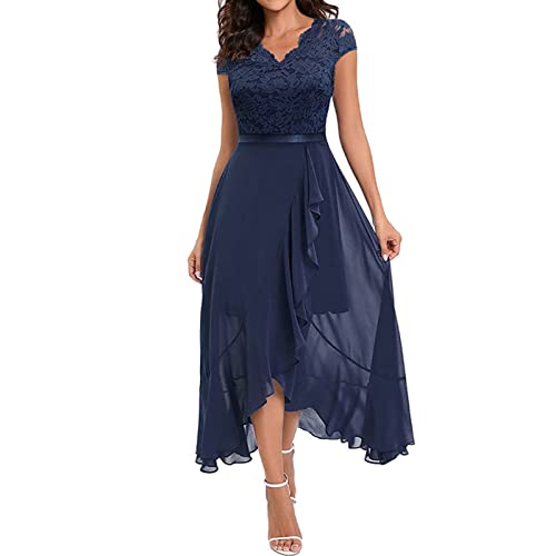 Abendkleider elegant für Hochzeit Spitzenkleid Chiffon Hi-Lo Kleid Brautjunferkleid Bridesmaid Dress Vokuhila Partykleid Abschlusskleid lang Ballkleid Strandkleid (Dunkelblau, M) von Generic