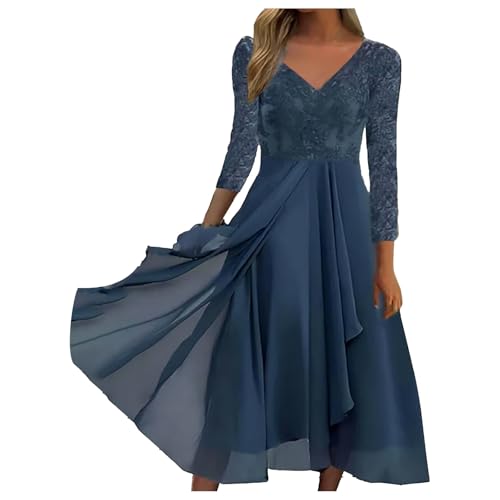 Abendkleider für Hochzeit, Cocktailkleid Damen Lang Chiffon Spitzenkleid Rundhals Abendkleider Elegant für Hochzeit Hochzeitsgast Kleid Damen Festliche Schicke Midi Brautjungfernkleider von Generic