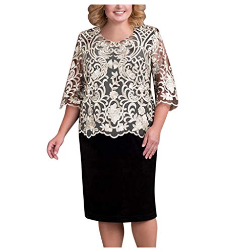 Abendkleider für Hochzeit, Cocktailkleid Damen Lang Spitze Abendkleider Elegant für Hochzeit Große Größe Hochzeitsgast Kleid Damen Festliche Rundhals Midikleid Mollige Brautmutterkleider von Generic