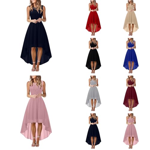 Abendkleider für Hochzeit, Cocktailkleid Damen Vokuhila Abendkleider Elegant für Hochzeit Chiffon Spitzenkleid Festliche Kleider Ärmellos Rundhals Abendkleid Damen Knielang Brautjungfernkleid von Generic