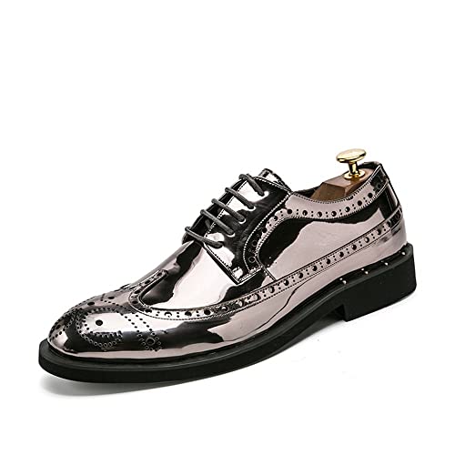 Abendschuhe for Herren, Schnürschuhe, Brogue, geprägte Flügelspitze, glänzende Derby-Schuhe, veganes Leder, Gummisohle, rutschfest, rutschfest, Business(Silber,44 EU) von Generic