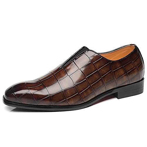 Abendschuhe for Herren, for Reinschlüpfen, quadratische Zehenpartie, kariert, geprägt, PU-Leder, niedrige Oberseite, rutschfeste Gummisohle(Braun,45.5 EU) von Generic