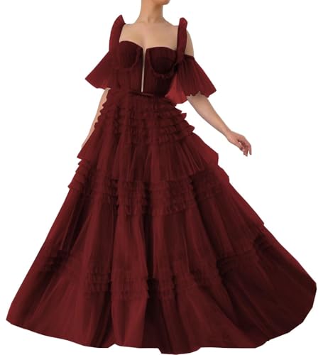 Abgestufte TüLl-Ballkleider Mit SpaghettiträGern Mehrlagiges Ballkleid Geschwollenes Langes Formelles Abendkleid FüR Damen Burgundy 6XL von Generic