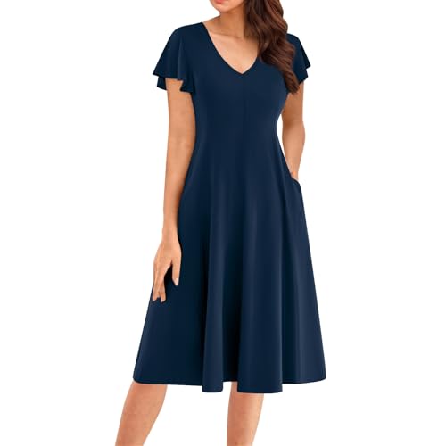 Abschlusskleid, Kleider Damen Elegant V Ausschnitt Freizeitkleid Rüschen Ärmel Lockeres Midikleider A-Linie Lang Freizeitkleid Casual Urlaubkleid mit Taschen B Navy S von Generic