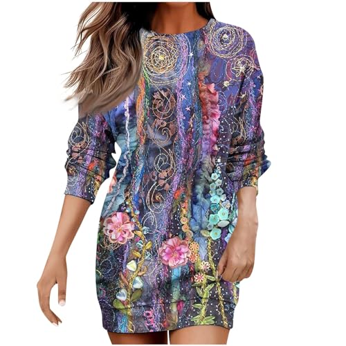 Afrikanische Kleider Damen, 50Er Jahre Kleider Damen Glitzer Kurze Kleider Damen Festlich Damen Casual Fashion Rundhalsausschnitt Floral Print Langarm Midi Kleid Weihnachts Enge Kleider (3 Violett,S) von Generic