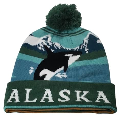 Alaska Beanie Strickmütze Orca Wal mit Pom Pom Grün Stahl Blau Weiß, Schwarz, 5 7/8 von Generic